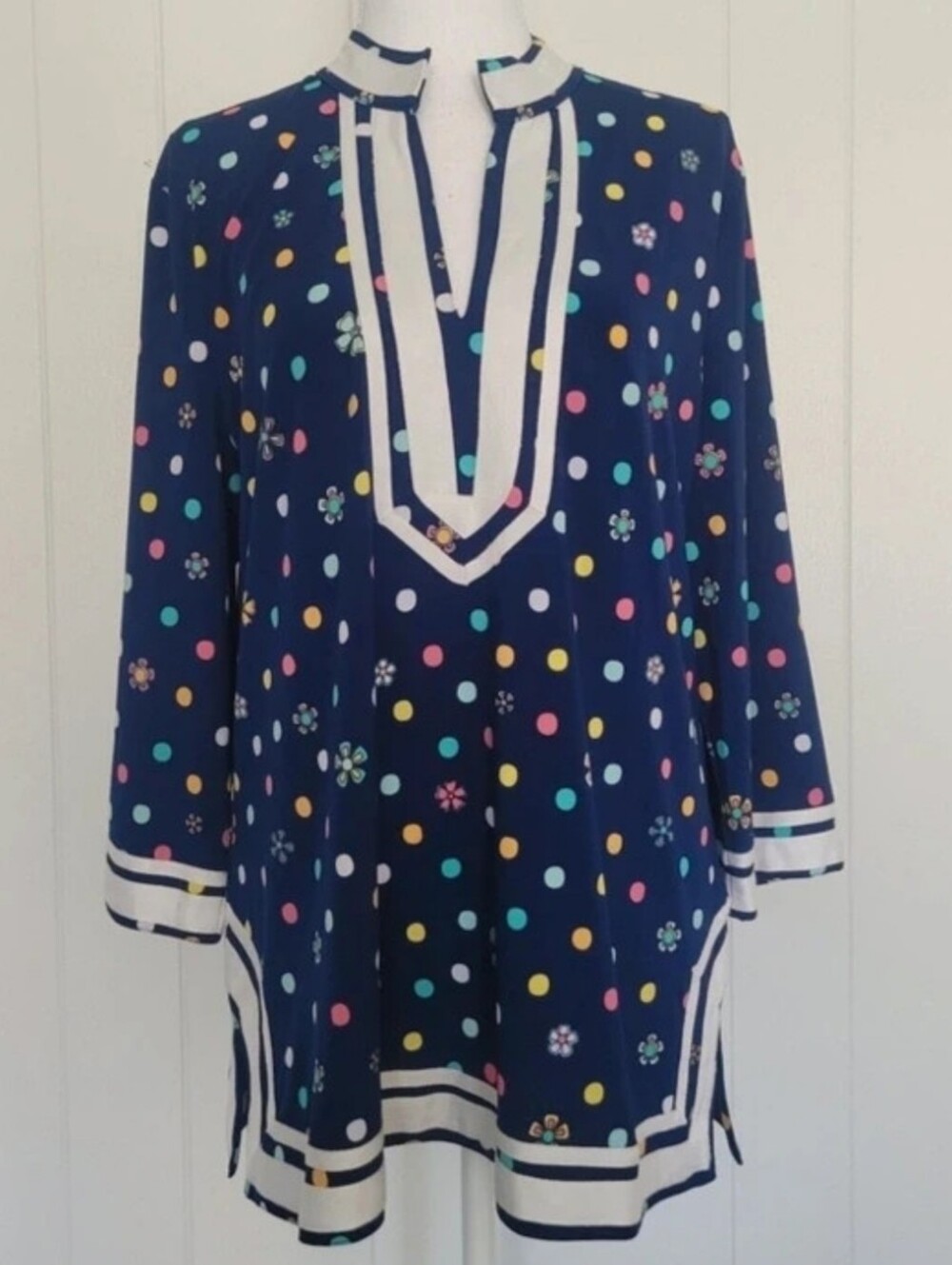 NWT Island Republic Top Polka Dot Flower Ribbon Trim Floral Resort Tunic Blue L